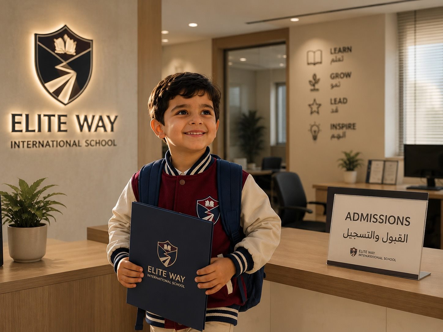 A smiling student at the Elite Way admissions desk