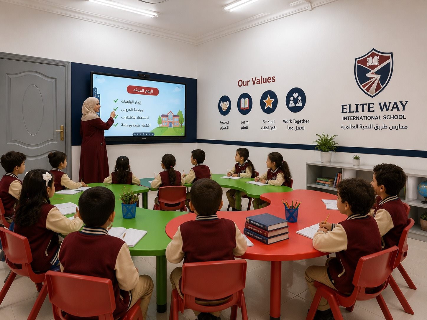 A classroom in session at Elite Way, with a teacher leading a lesson